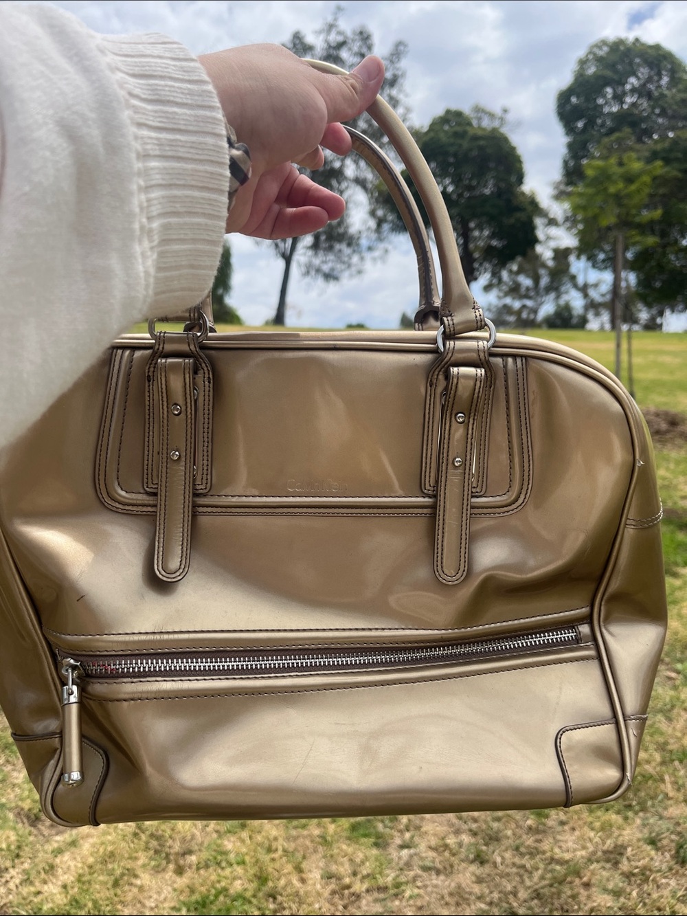 Calvin Klein Metallic Gold Patent Dome Satchel